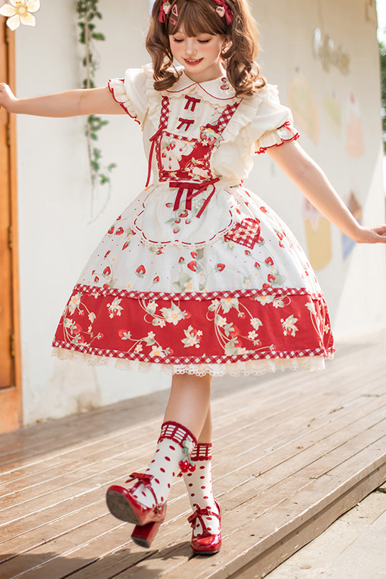 Red Strawberry Orchard Print Ruffled Sweet Lolita Strap Dress