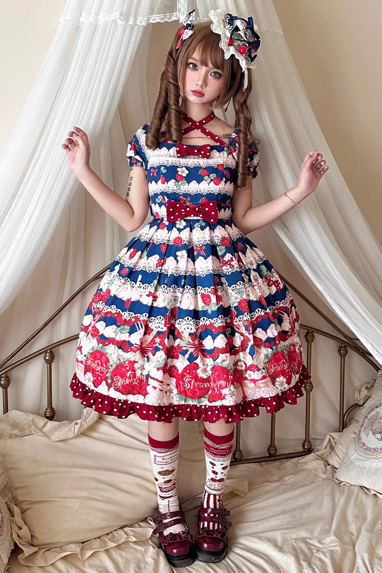 Berry Fairy Print Short Sleeve Ruffle Bowknot Dress - Red/Blue