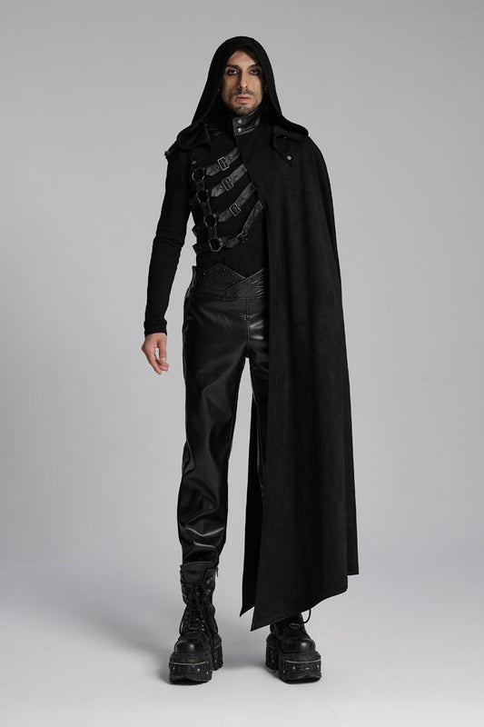 Men's Punk Cloak with Hooded Buckle-up Rivets Design