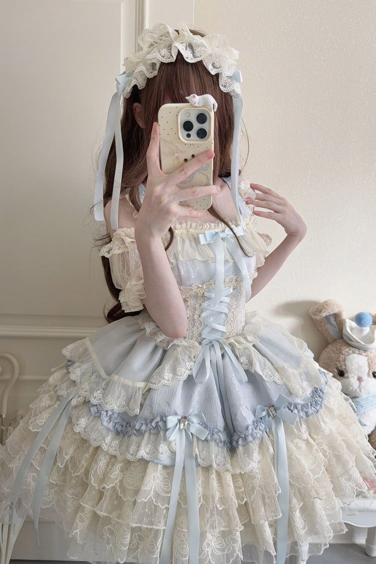 Azure Sleeveless Layered Ruffle Bow Lace Corset Ballet Jumper Dress - Ribbon Heart Love
