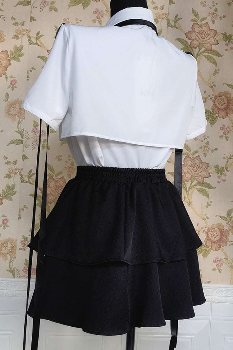 Monochrome Asymmetric Gothic Skirt and Blouse Set with Ruffled Short Sleeves