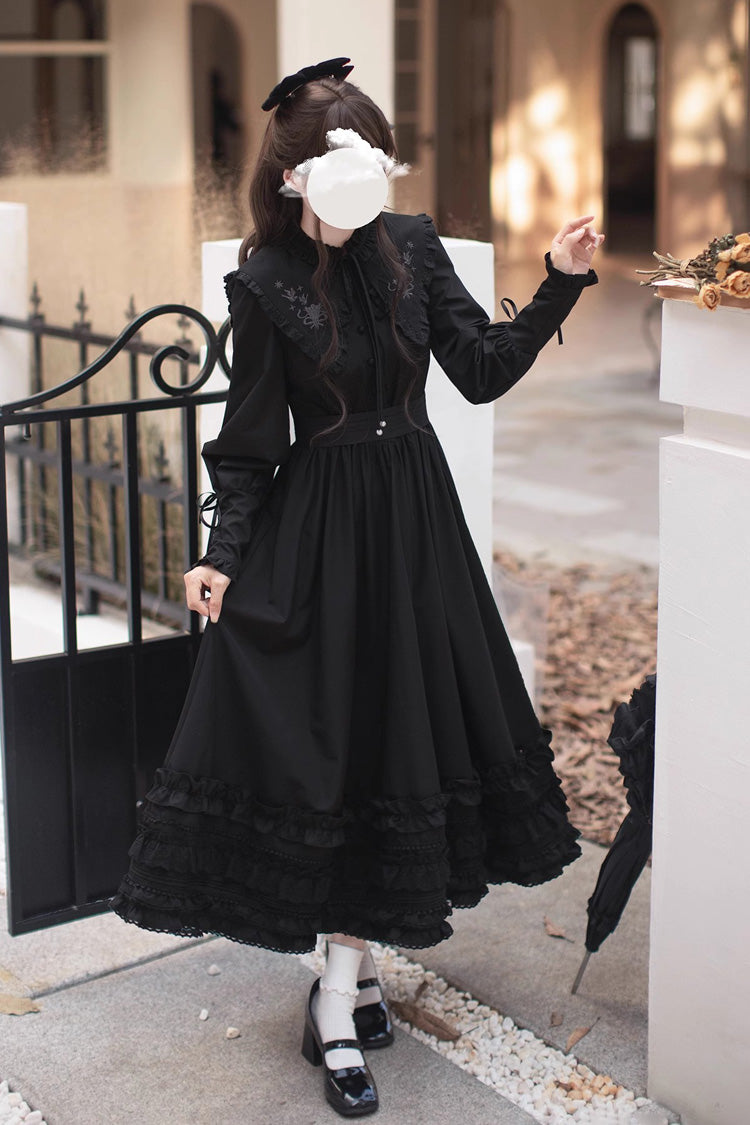 Noir Long Sleeve Ruffle Embroidered Bow Vintage Elegant Dress - Wind Kissed Tulips