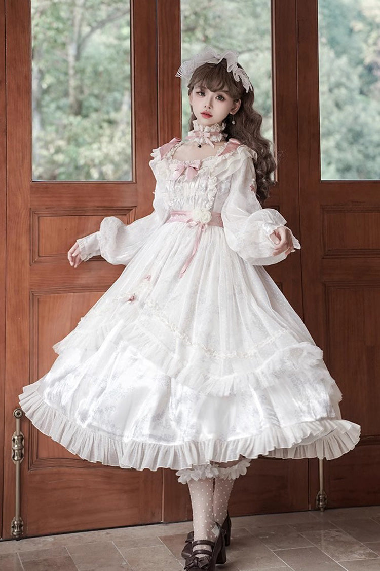 Ivory Rose Print Dress with Bowknot - Princess Lolita