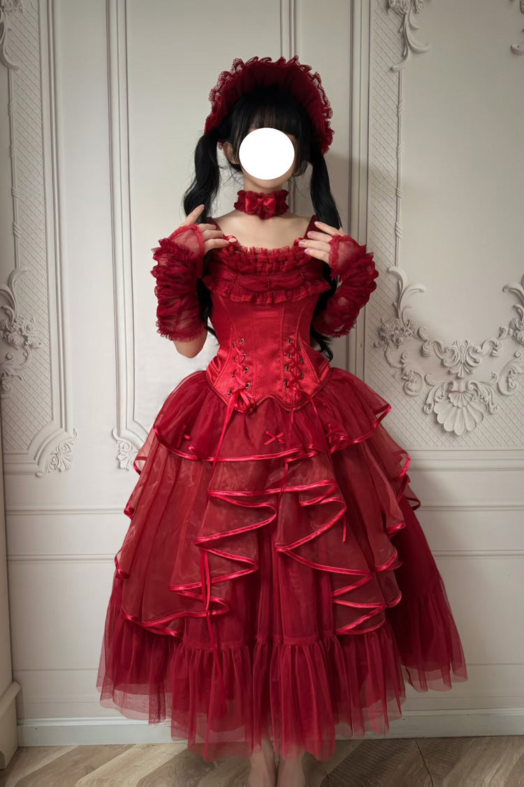 Scarlet The Summer Waves Sparkle Square Neck Sleeveless Multi-Layered Ruffled Bow Laced Slim Lolita Skirt Set