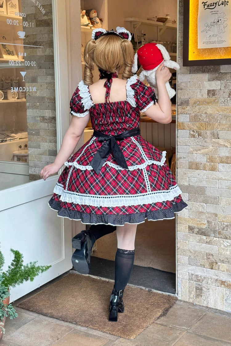 Crimson Shibuya Sweetheart Tartan Print Short Sleeve Frill Bow Sweet Lolita OP Plus Size