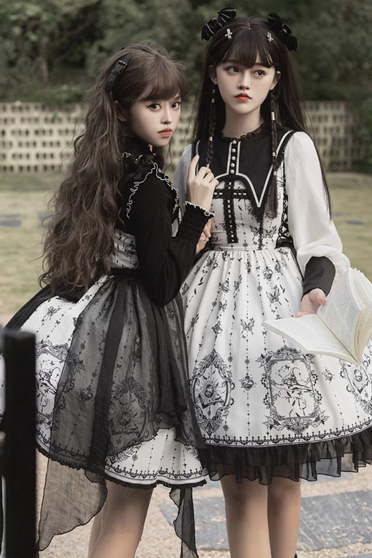 Black White Lace Ruffled Butterfly Magic Print Gothic OP