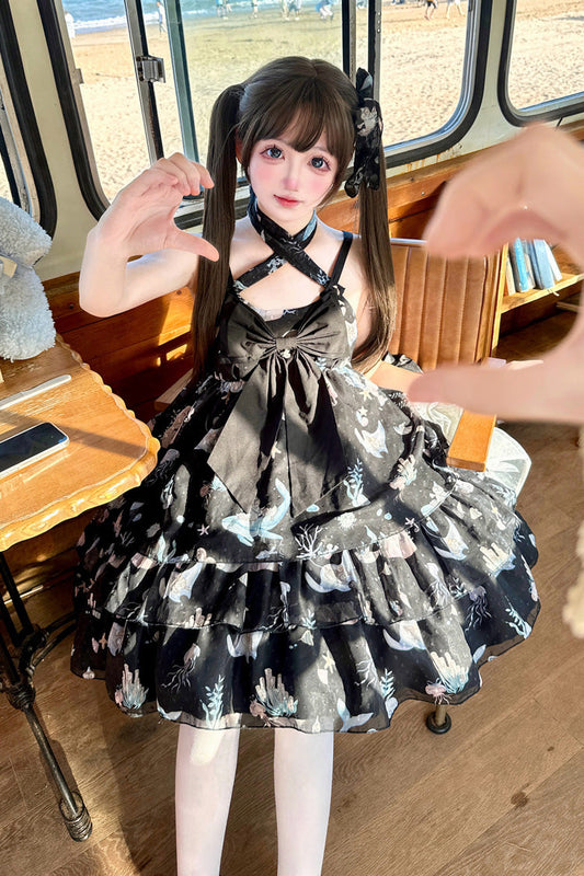 Ocean Sweetheart Halterneck Sleeveless Triple-Layered Printed Ruffled Bow Lace Sweet Strap Dress