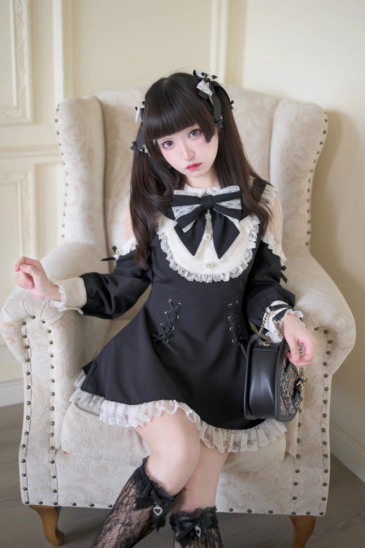 Black White Long Sleeve Hollow Bow Lace Lace-Up Sweet Jirai Kei Shorts Set