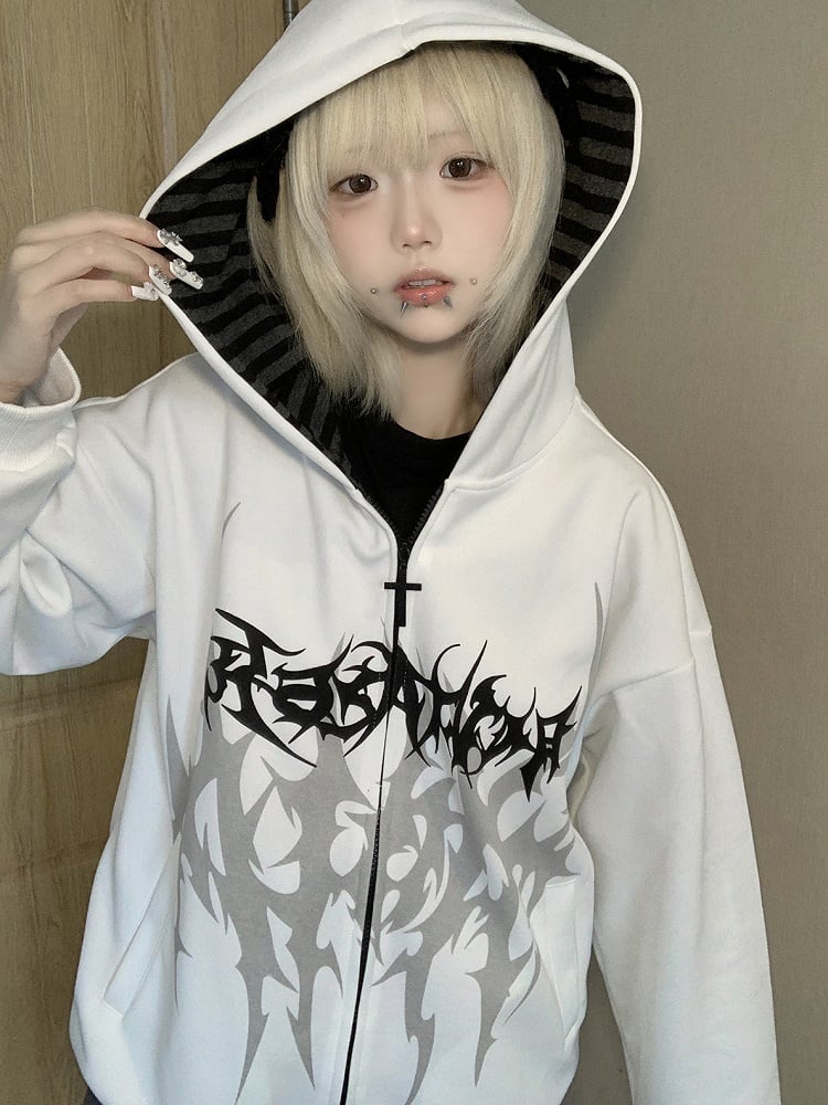 White Emo Punk Graphic Zip Hoodie – MK Kawaii Store