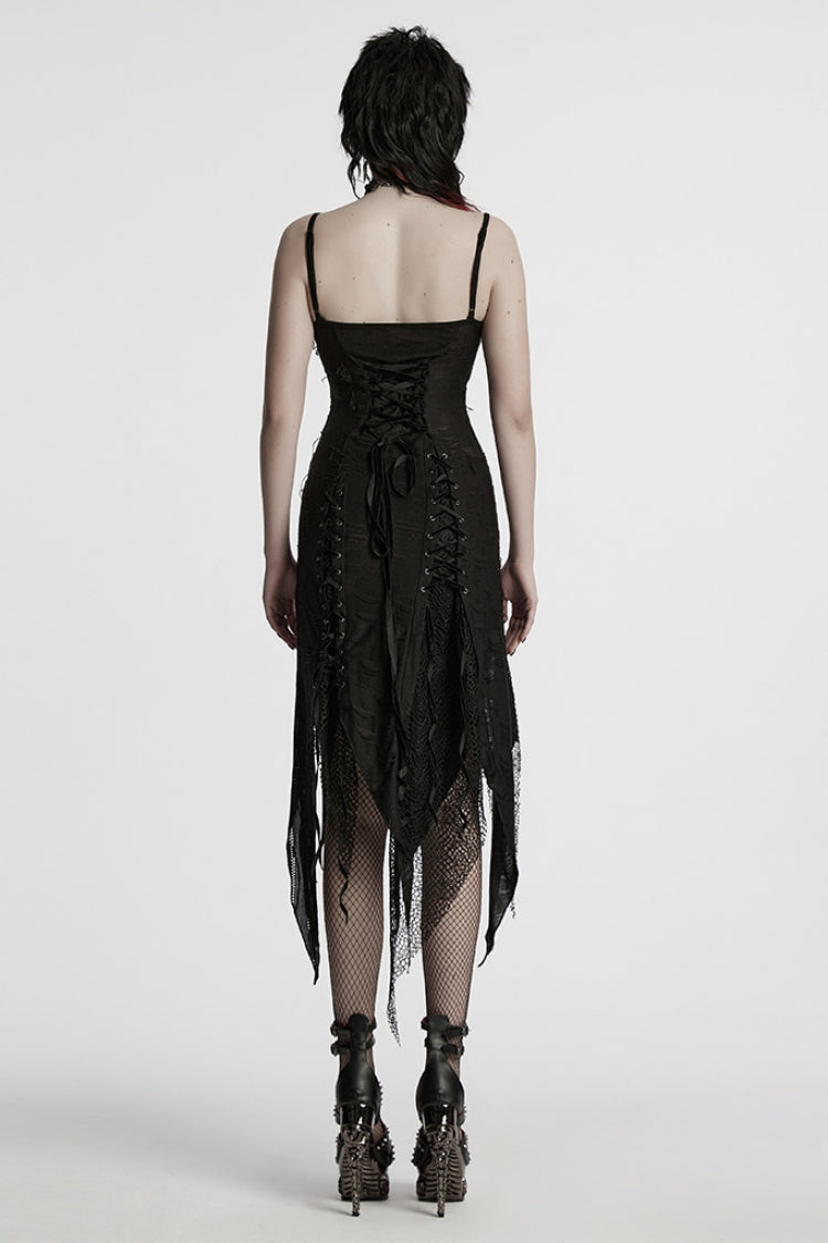 Black Sleeveless Lace Asymmetrical Ripped Gothic Party Slip Dress
