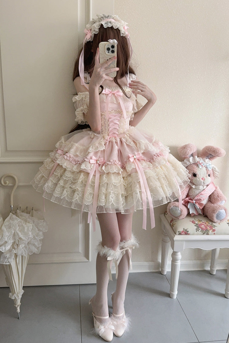 Rose Sleeveless Layered Ruffle Bow Lace Corset Ballet Jumper Dress - Ribbon Heart Love