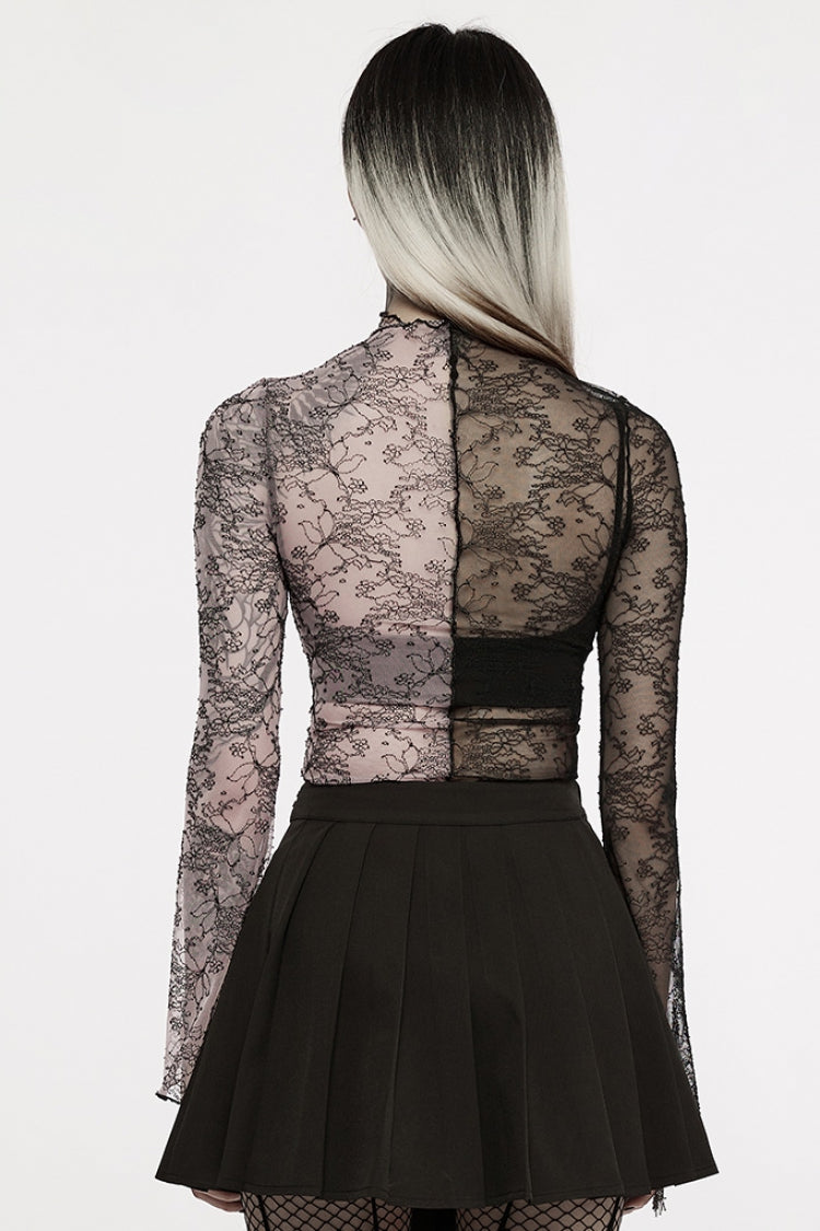 Sheer Gothic Lace T-Shirt with Long Sleeves & Horn Motifs