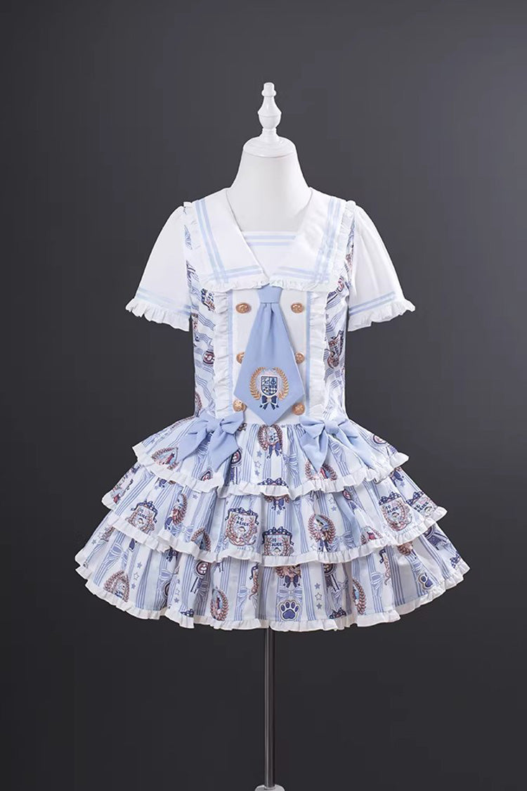 Blue Glory of the Dog Navy Collar Short Sleeves Low Waisted Triple-Layered Printed Ruffled Bow Sweet Dress