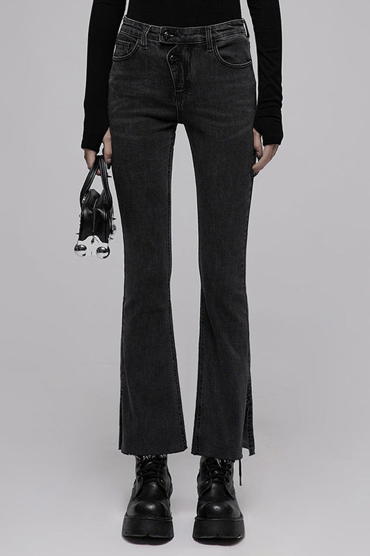 Distressed Denim Asymmetrical Flared Punk Pants with Elastic Waist