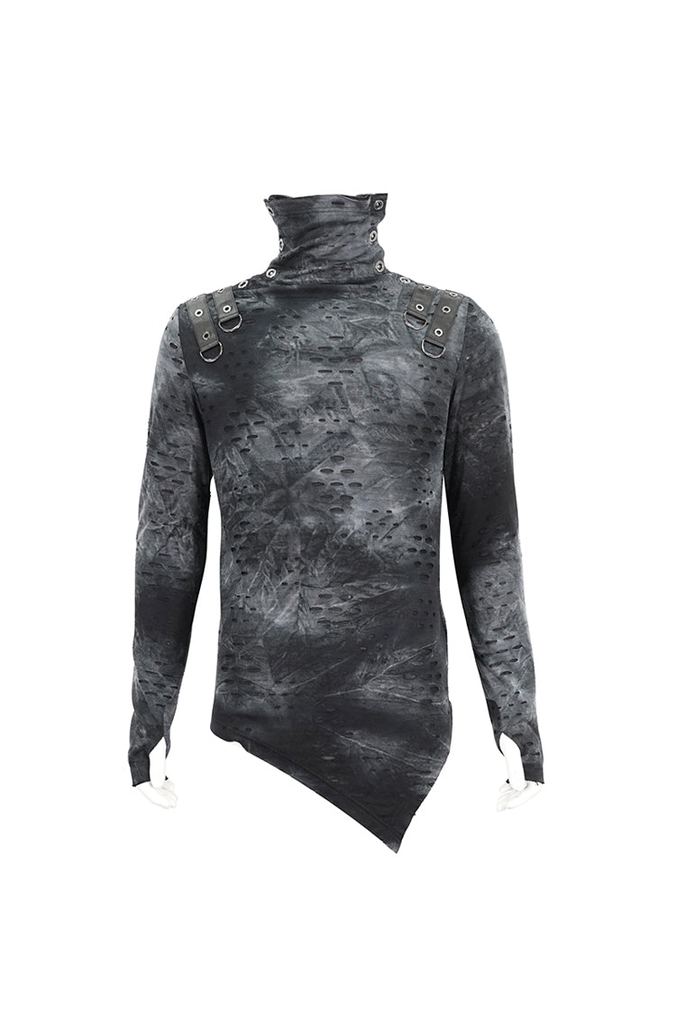 Men's Punk Shirt with Irregular Ripped Details, Stand Collar, Grey/Black