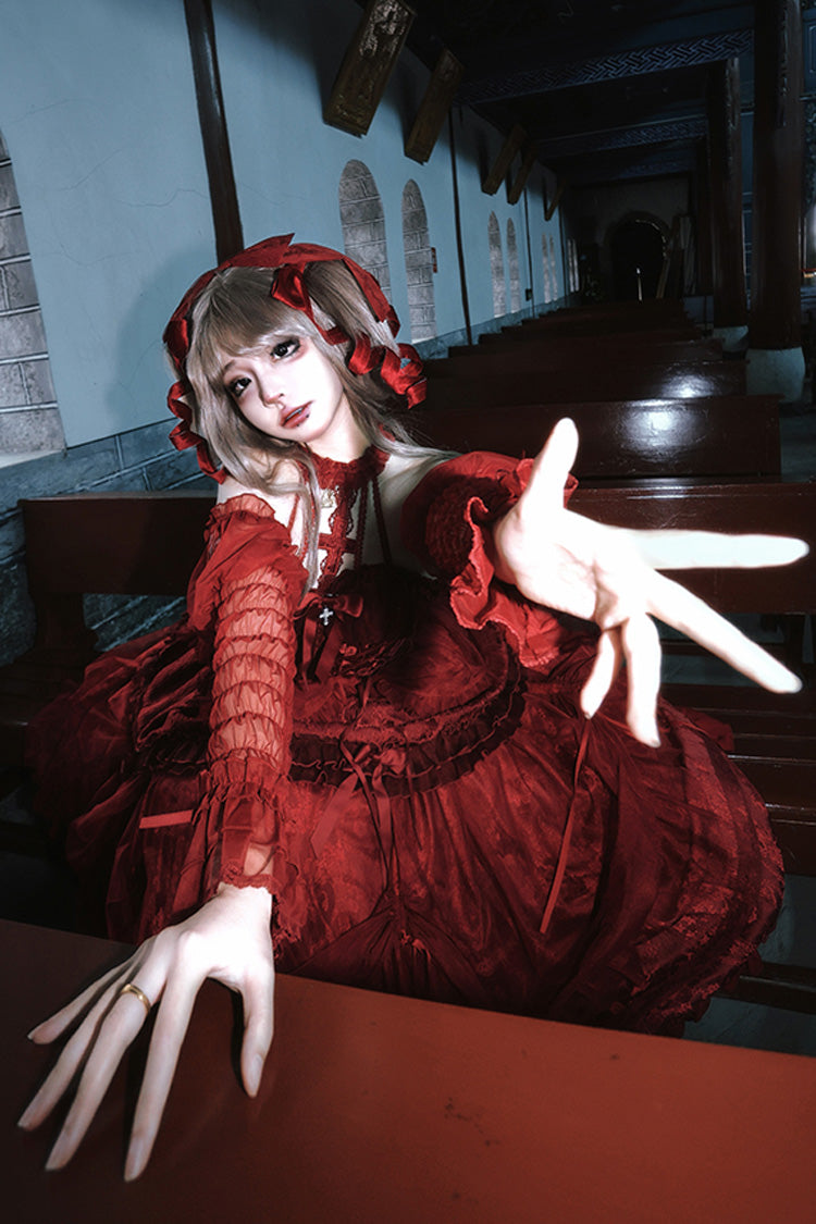 Wine Red Cross Halterneck Ruffle Bowknot Lace Lace-Up Gothic Dress