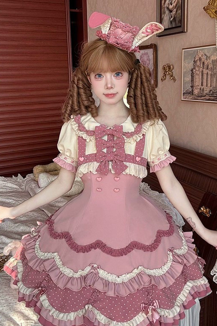Bunny Parfait Short Sleeve Multi-Layered Ruffled Bow Sweet Lolita Dress - Pink