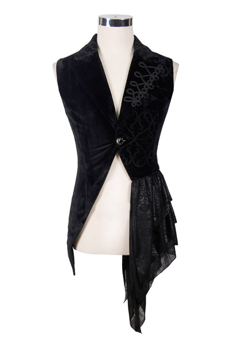 Noir Velvet Gothic Vest with Frog Buttons and Floral Motif