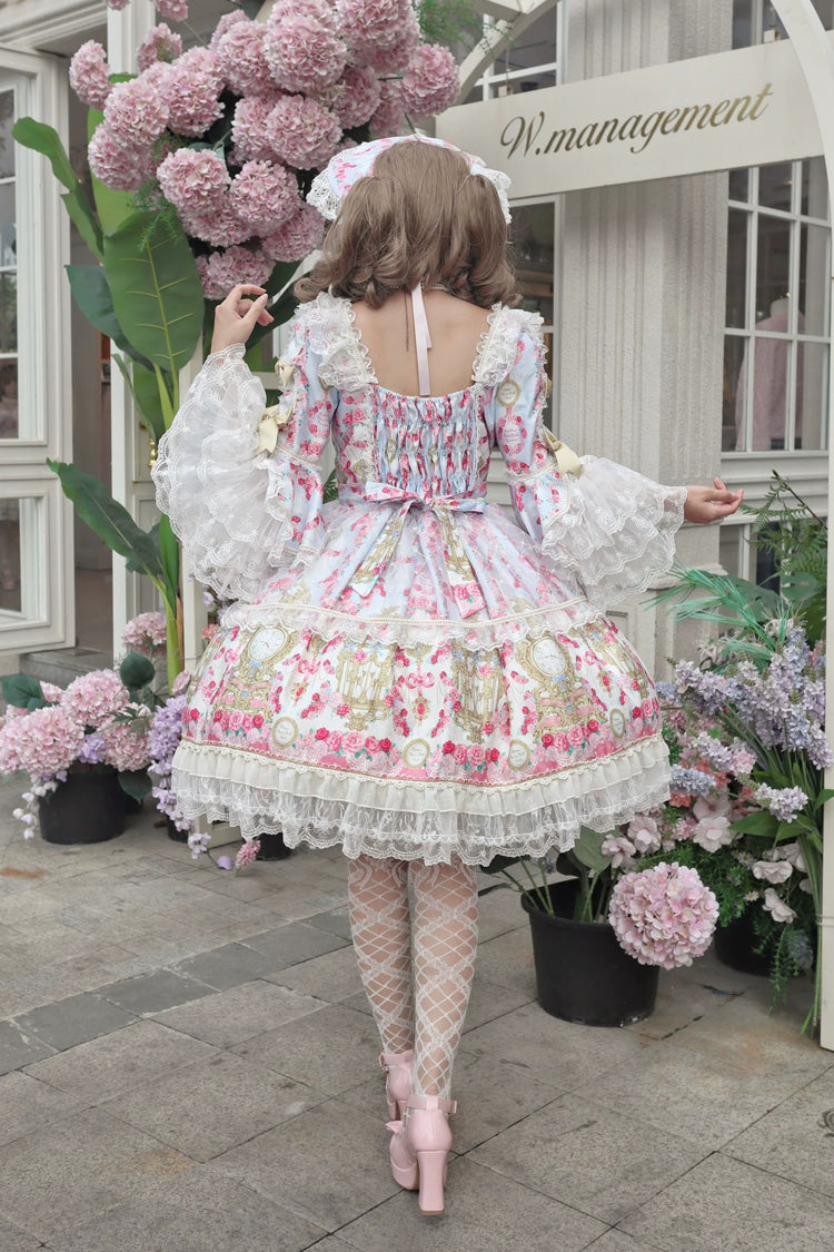 Blue/Pink [Rose Garden Prelude] Square Collar Long Trumpet Sleeves Printed Ruffled Bow Lace Lace-Up Sweet Lolita Dress