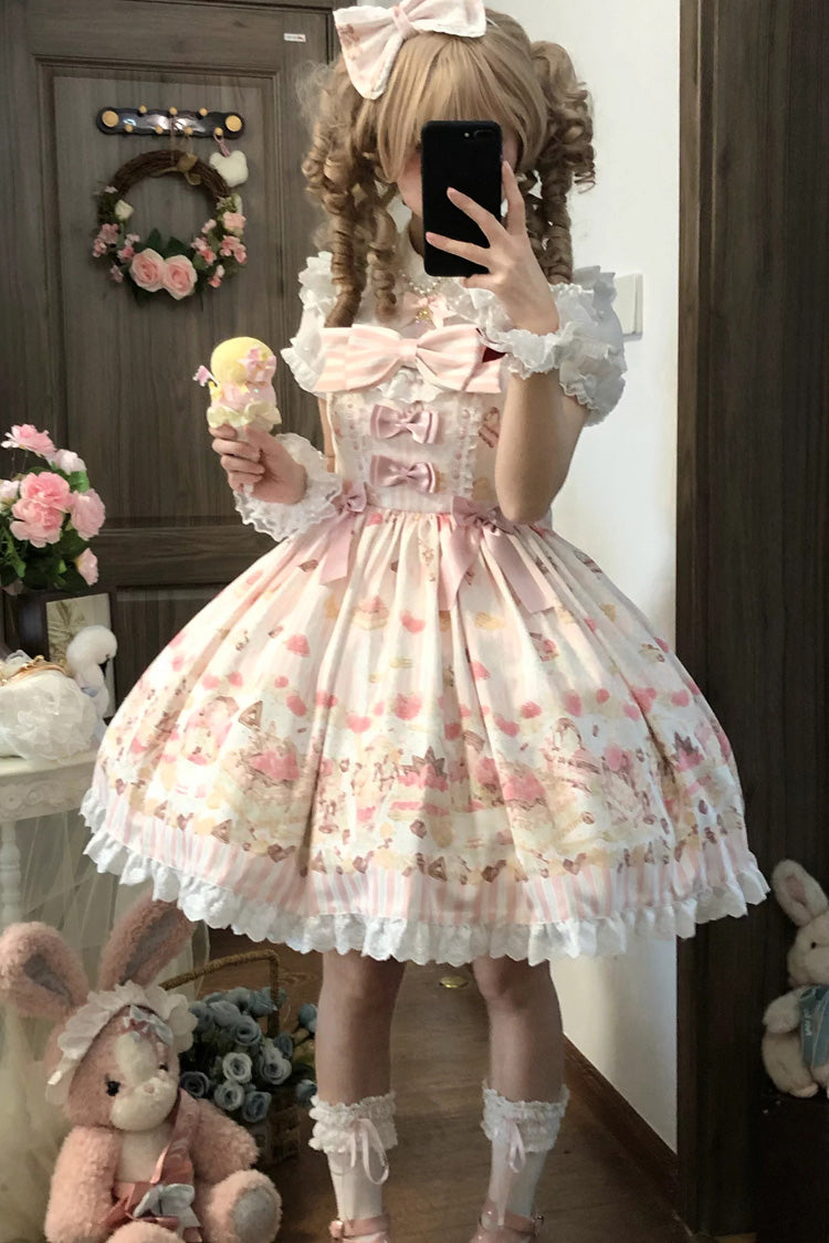 Strawberry Cheesecake Square Neck Printed Bow Lace Casual Lolita JSK