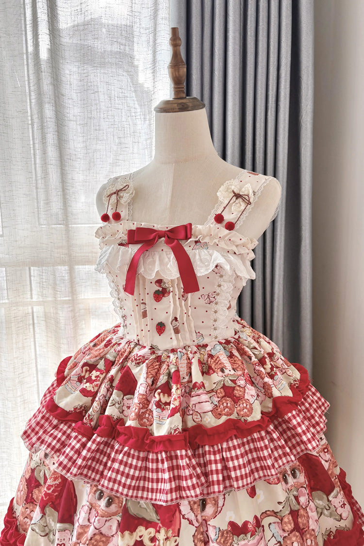 Crimson Strawberry Bear Print Sleeveless Dual-Layer Frill Bow Princess Sweet Lolita JSK