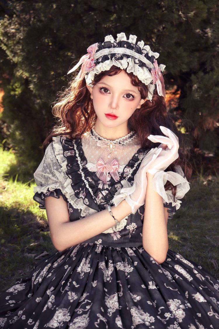 Daydream Rose Floral Jacquard Print Ruffle Embroidered Bow Sweet Lolita Dress in Three Shades