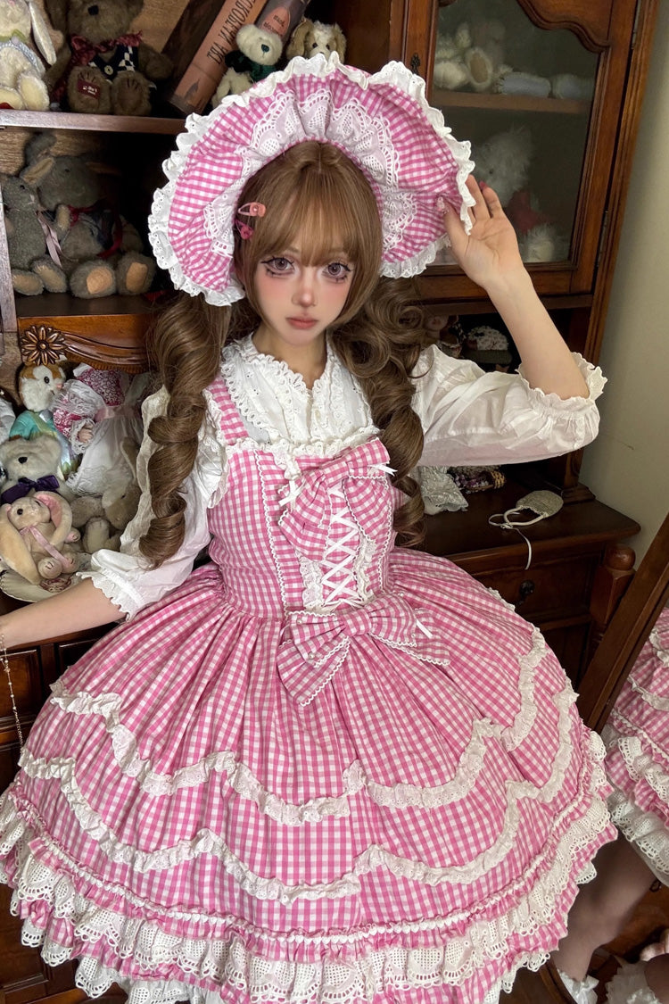 Pink Plaid Floral Ruffle Lace Up Sweet Lolita Dress