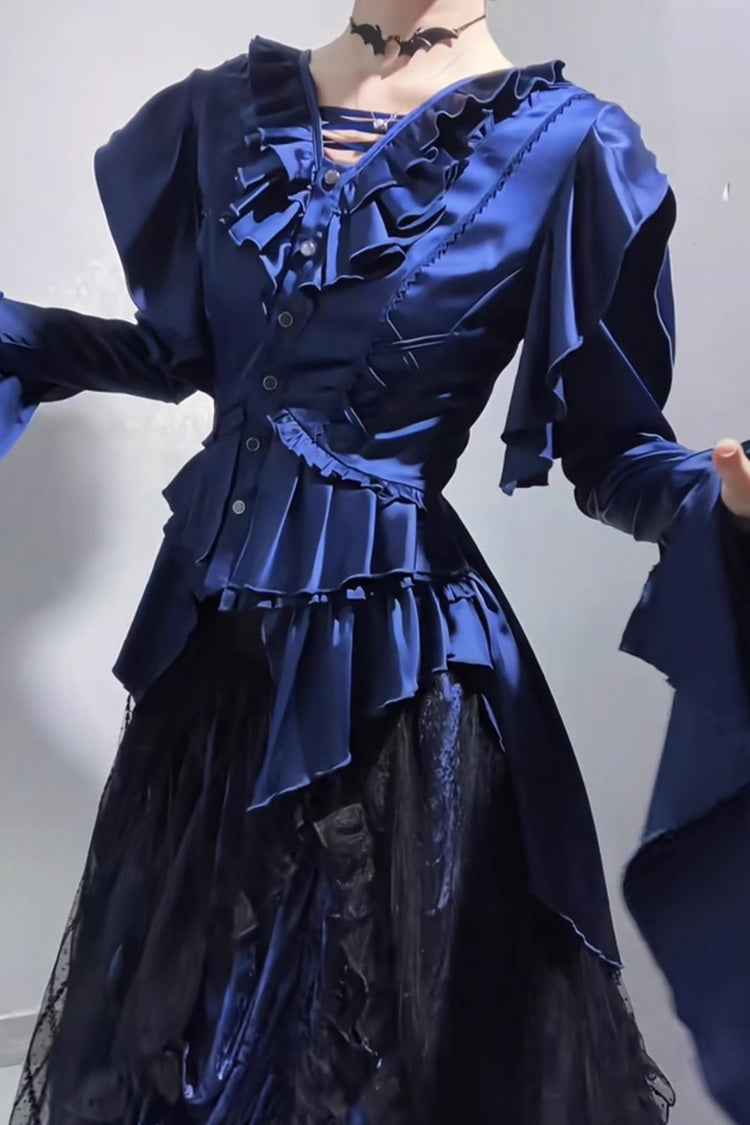 Echoes of the Deep Sea Hime Sleeve Ruffled Bow Corset Gothic Ouji Lolita Blouse in Four Shades