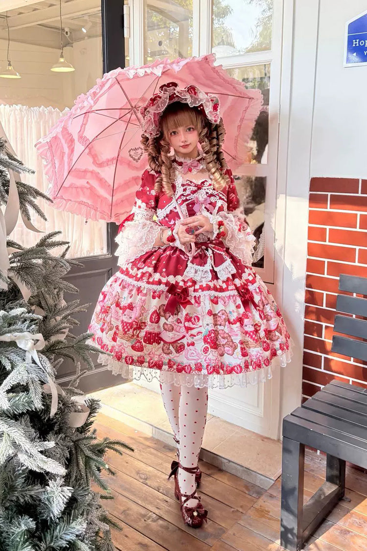 Scarlet Sweet Berry Bunny Bear Half Sleeve Printed Bow Lace Laced Sweet Lolita OP Dress
