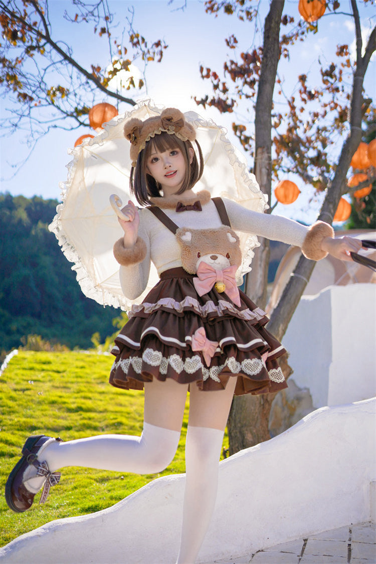 Bunny Transformation Detachable Bunny Cake Sleeveless Triple-Layered Ruffled Bow Sweet Strap Dress