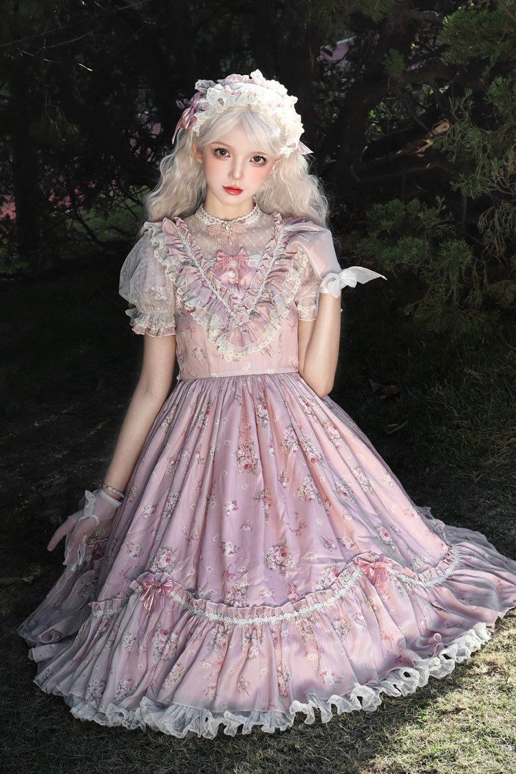 Daydream Rose Floral Jacquard Print Ruffle Embroidered Bow Sweet Lolita Dress in Three Shades
