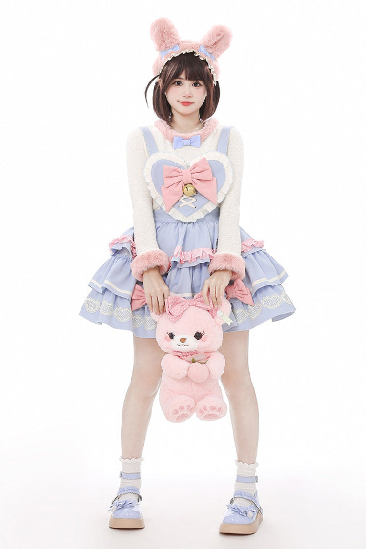 Bunny Transformation Detachable Bunny Cake Sleeveless Triple-Layered Ruffled Bow Sweet Strap Dress