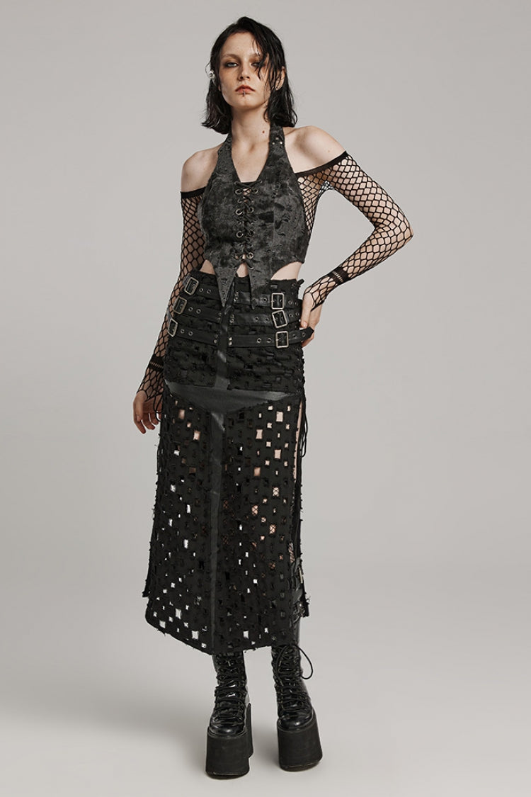 Steampunk Skirt with Cross-Taped Stitching, Lace-Up & Ripped Cutout Details