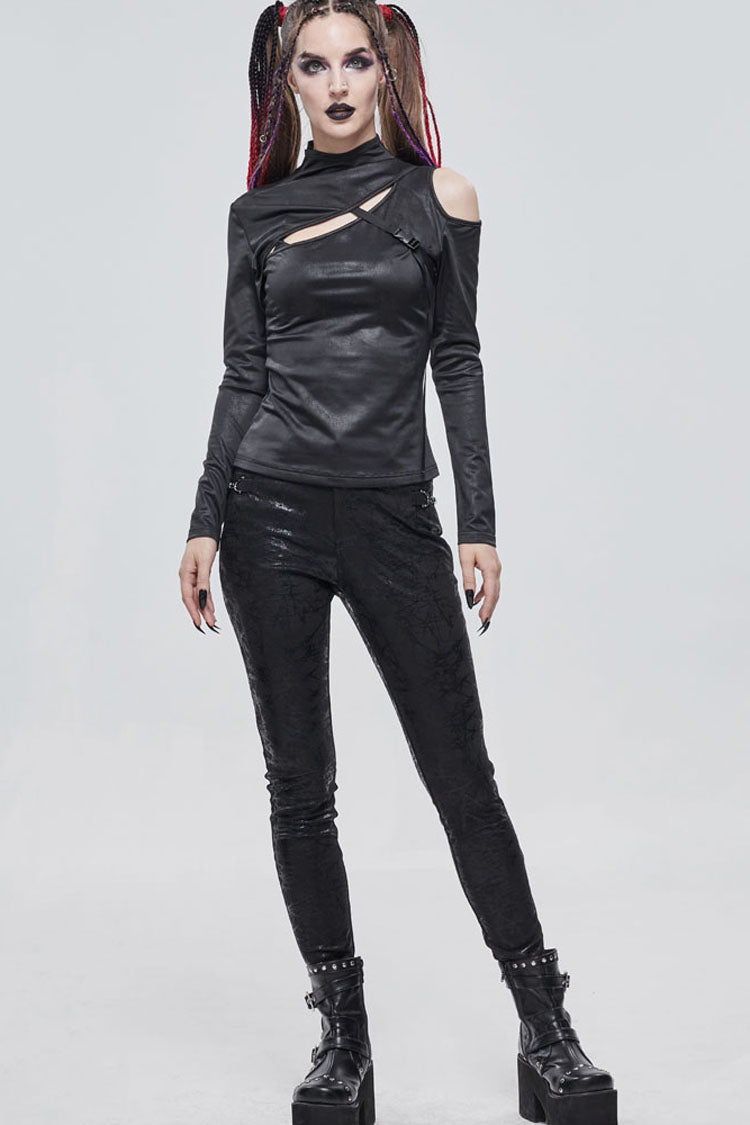 Knit Chest Cutout Buckle-Strap Long-Sleeve Punk Top