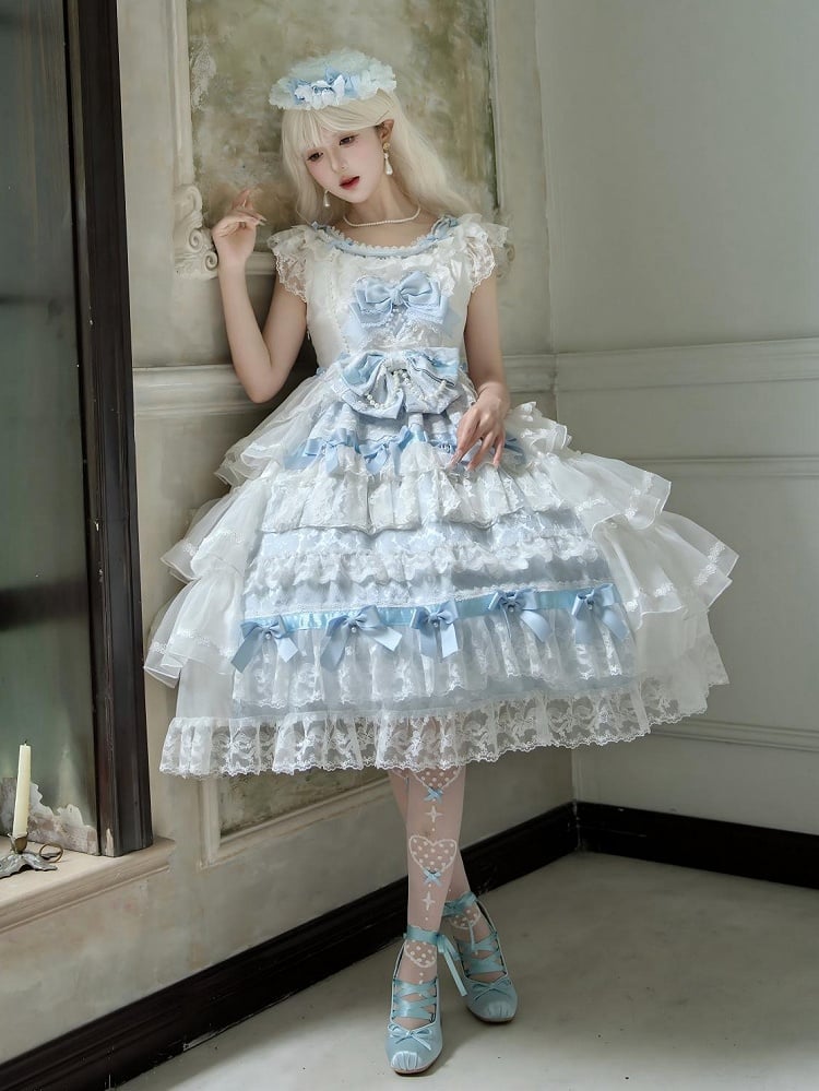Dress Hime Tiered Skirt Lolita Bows and Hanayome White Blue Decoration