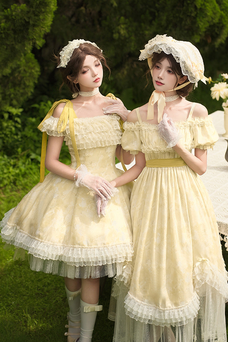 Golden Square Collar Short Sleeve Printed Ruffle Lace Sweet Elegant Long Gown - Falling Flowers as a Message