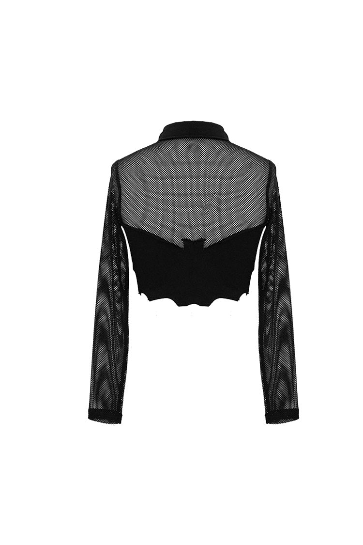 Punk T-Shirt with Bat Collar, Mesh Splice, Long Sleeves and Chest Clasp
