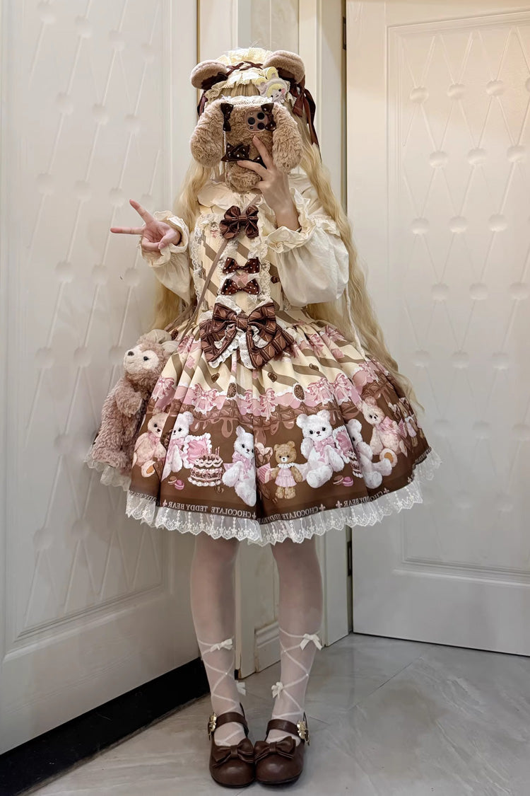 Sleeveless Lace Bow Print Strap Dress in 2 Shades - Chocolate Brownie