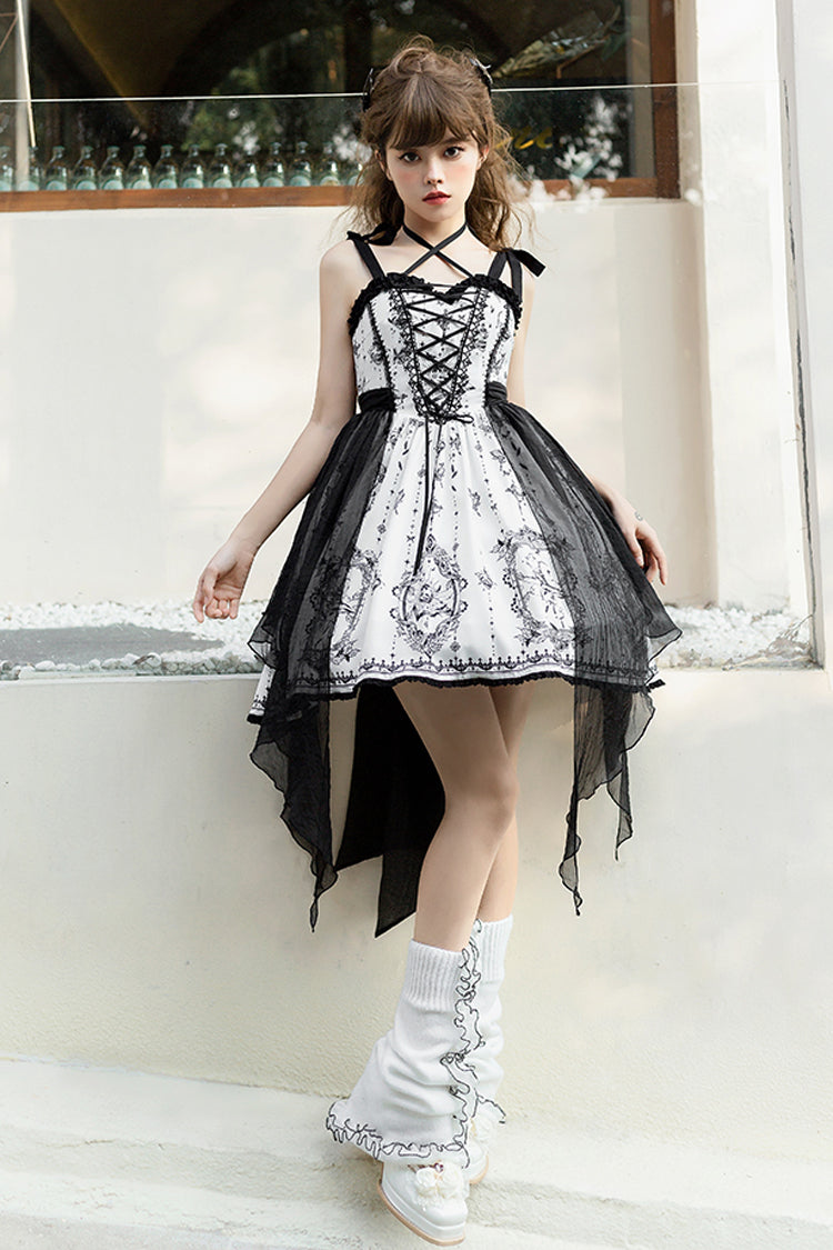 Black and White Sleeveless Gothic JSK Dress with Butterfly Print