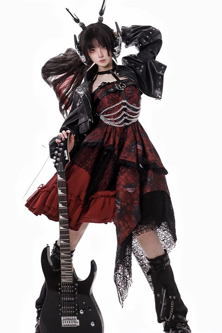 Crimson Bloody Strawberry Tears Print Sleeveless Frill Bow Lace Asymmetrical Gothic Lolita JSK