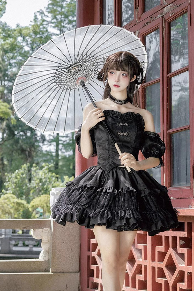 Gothic Lolita Skirt Set with Bamboo Dream, Dark Pattern, Ruffles and Multi-layer