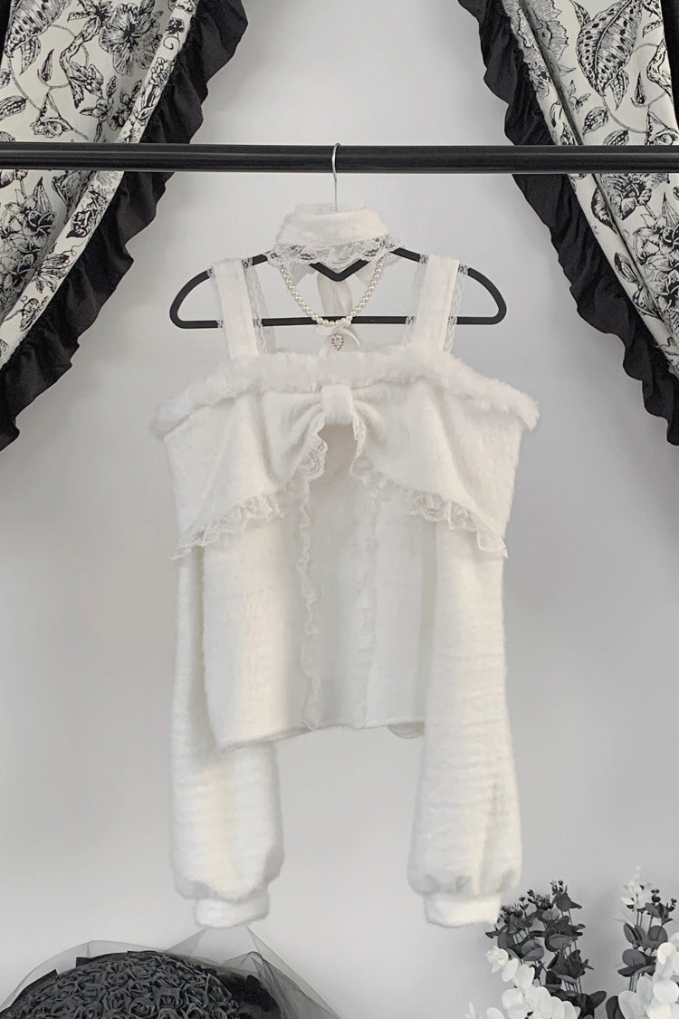 Off Shoulder Long Sleeves Lace Sweet Japanese Fleece-Lined Top