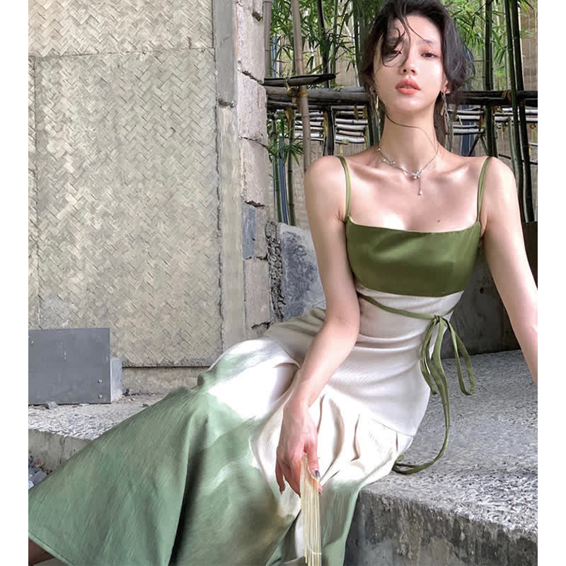 Spring Green Loose Lapel Shirt Vintage Print Slip Dress MK Kawaii Store Spring Green Loose Lapel Shirt Vintage Print Slip Dress MK Kawaii Store