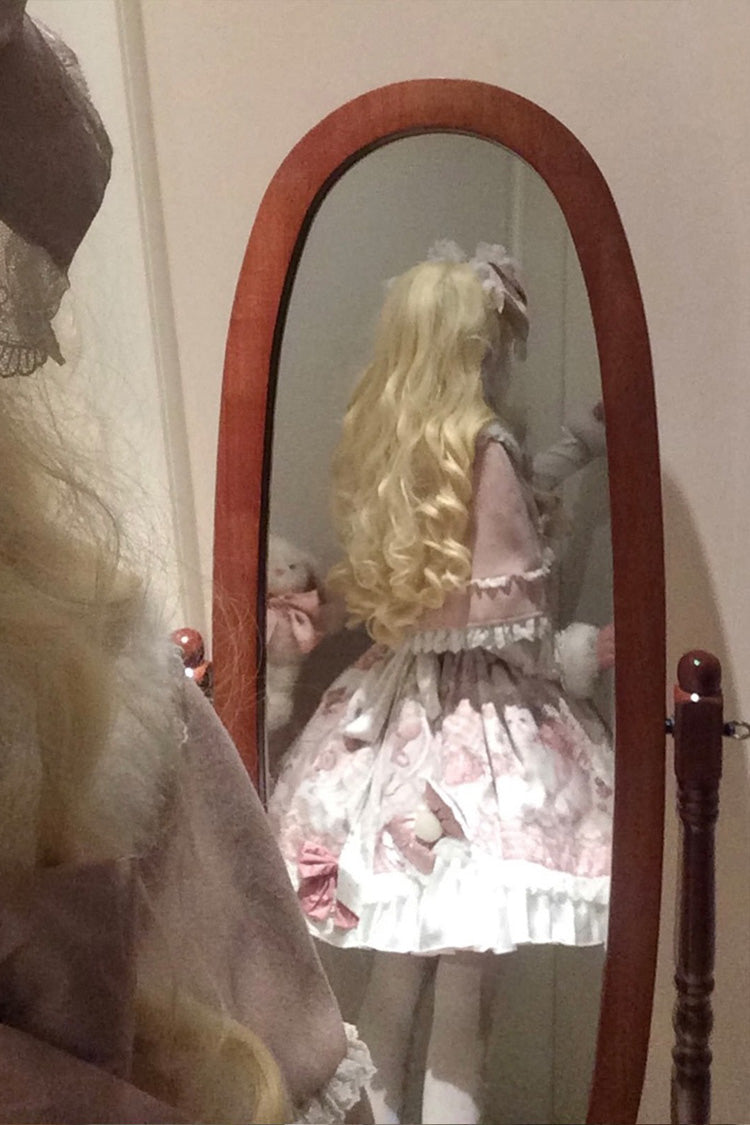 Pink Princess Dessert Cat Print Bow Lace Lolita Dress Set