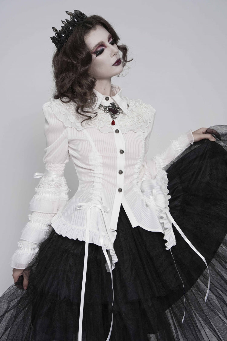 Ivory Slim Fit Women's Gothic Blouse with Trumpet Sleeves and Lace-Up