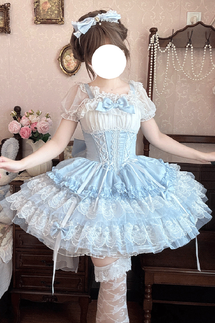 Indigo Sleeveless Triple Ruffle Bow Lace Corset Ballet Jumper Dress - Dance of Time