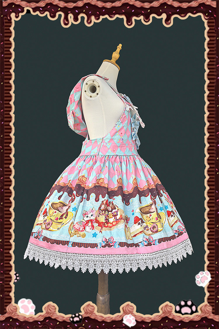 Hooded Strap Dress with Print and Bow in 3 Shades - Cream Meow