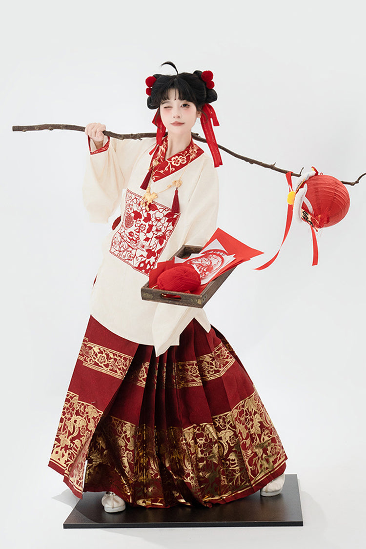 Scarlet Apricot V-Neck Lantern Sleeve High-Waist Printed Foil Women's Sweet Hanfu Two-Piece Set