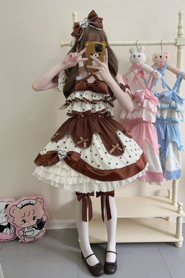 Chocolate Brown Cream Polka Dot Ruffled Bowknot Sweet Lolita JSK