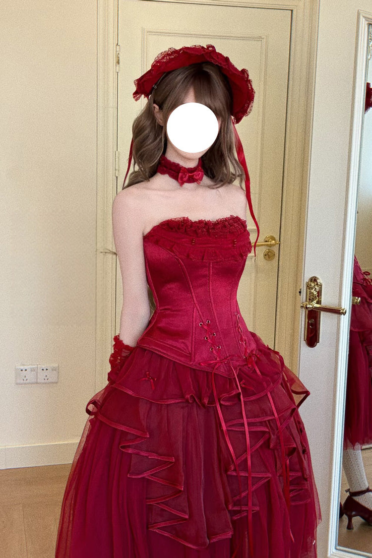Scarlet The Summer Waves Sparkle Square Neck Sleeveless Multi-Layered Ruffled Bow Laced Slim Lolita Skirt Set